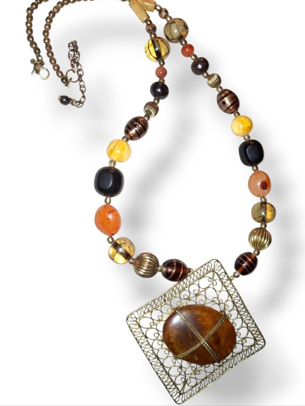 Genuine Amber Cab On Filigree Statement necklace Carnelian agate Gemstone Wood